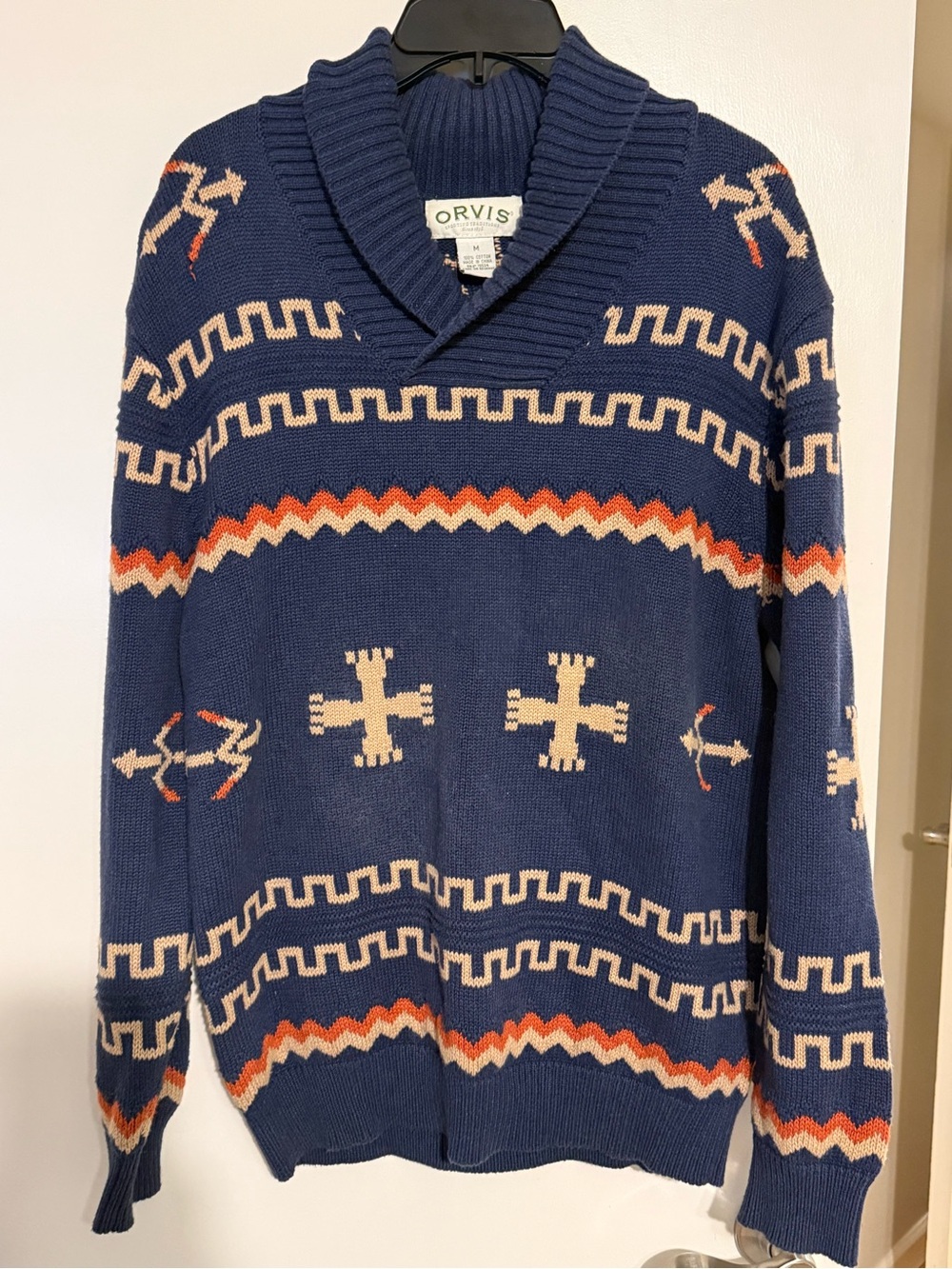 Orvis Navy V-Neck Shawl-Collar Patterned Sweater with Cream and Orange Accents